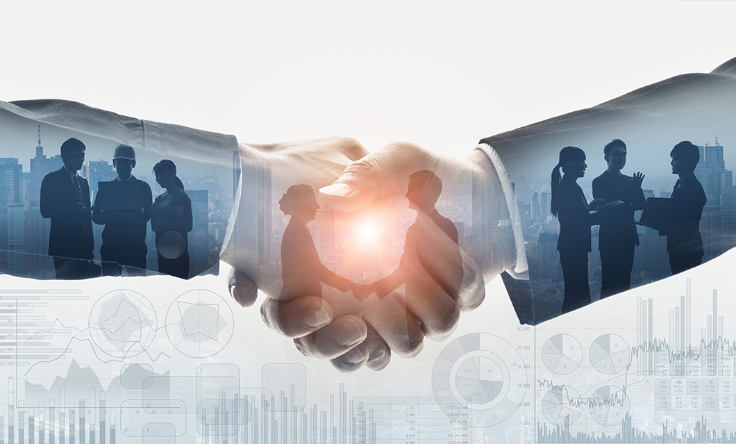 hands shaking hands with silhouettes of people