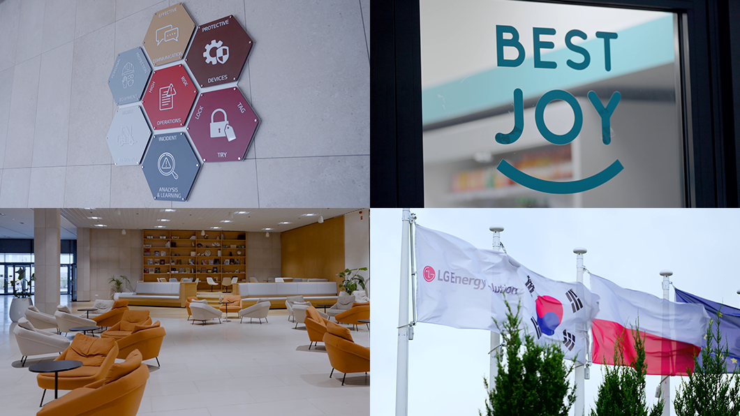 a collage of a building with signs and chairs