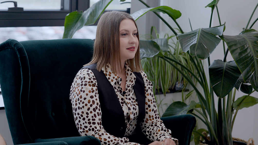 a woman sitting in a chair