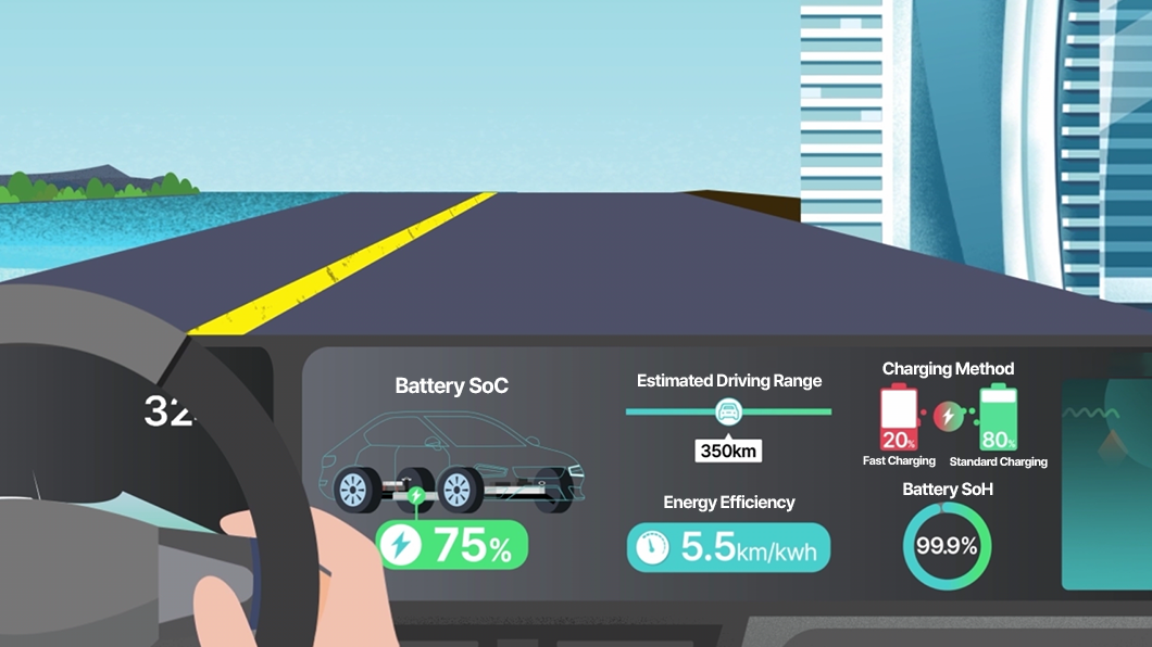 전기차 대시보드와 도로 풍경